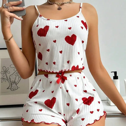 Heart Print Suspender Pajama Shorts Set