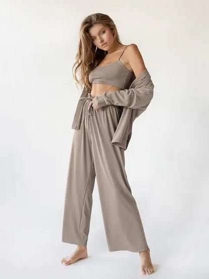 Ribbed Drop Sleeves Sleepwear Women 3-Piece-Set