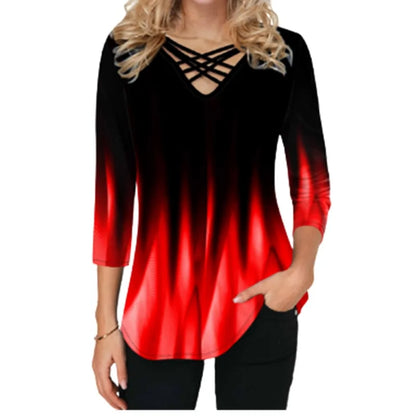 Women Blouses Gradient Print Cross V-Neck