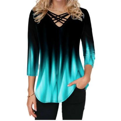 Women Blouses Gradient Print Cross V-Neck