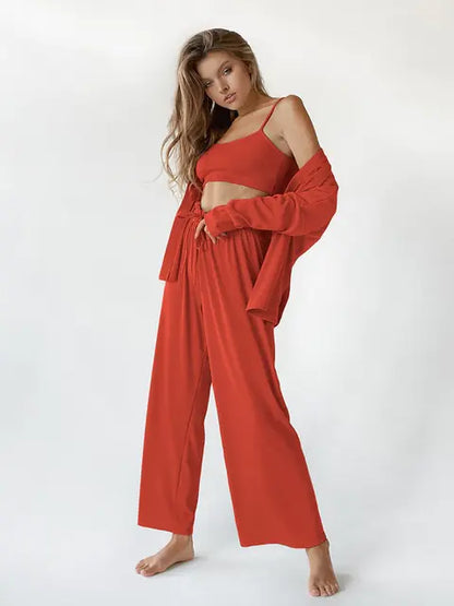 Ribbed Drop Sleeves Sleepwear Women 3-Piece-Set