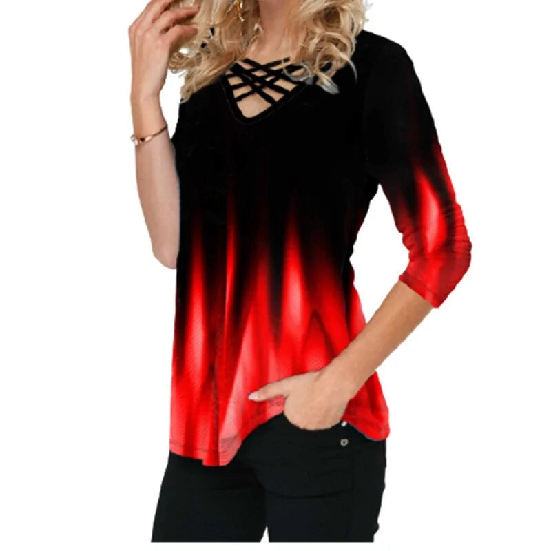 Women Blouses Gradient Print Cross V-Neck