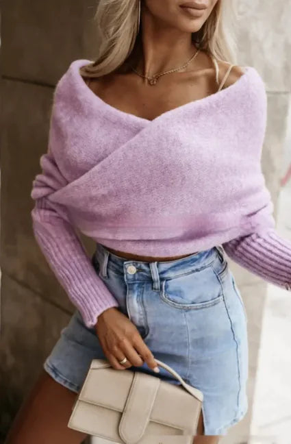 V-Neck Crossover Off-Shoulder Sweater - Multi-Color Trend