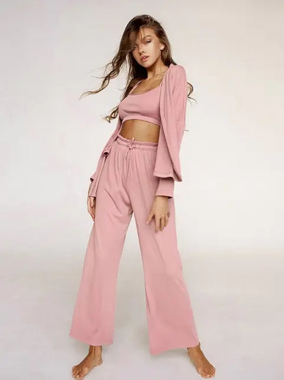 Ribbed Drop Sleeves Sleepwear Women 3-Piece-Set