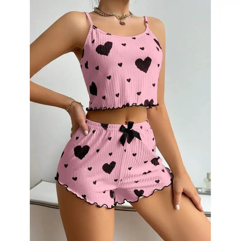 Heart Print Suspender Pajama Shorts Set