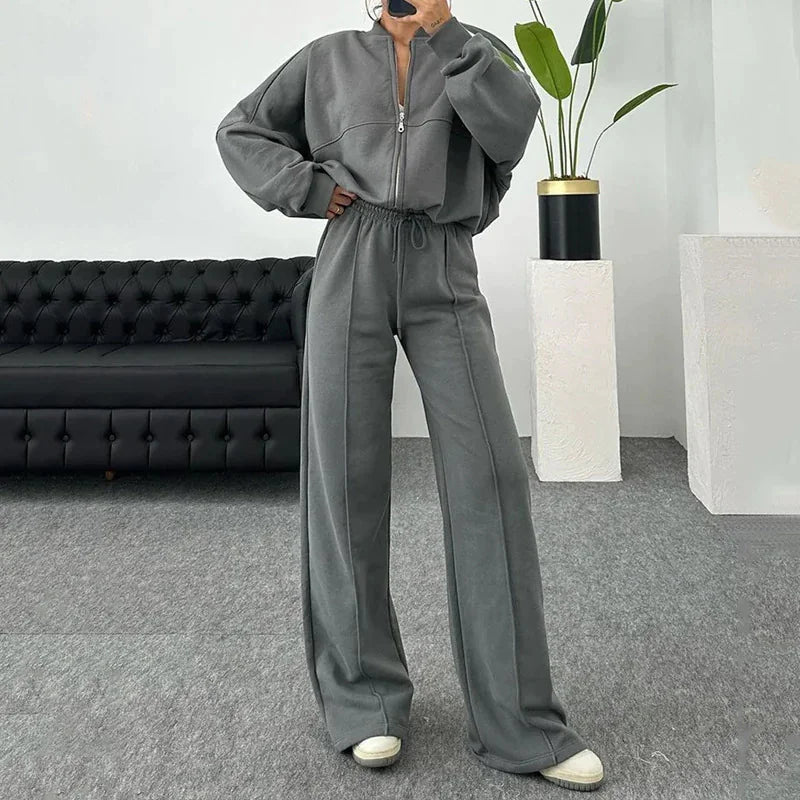 Chic Solid Zip Lounge Set for Women