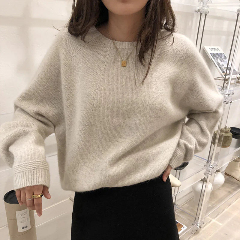 Basic Woolen Loose Round Neck Sweater For Women