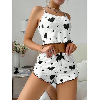 Heart Print Suspender Pajama Shorts Set