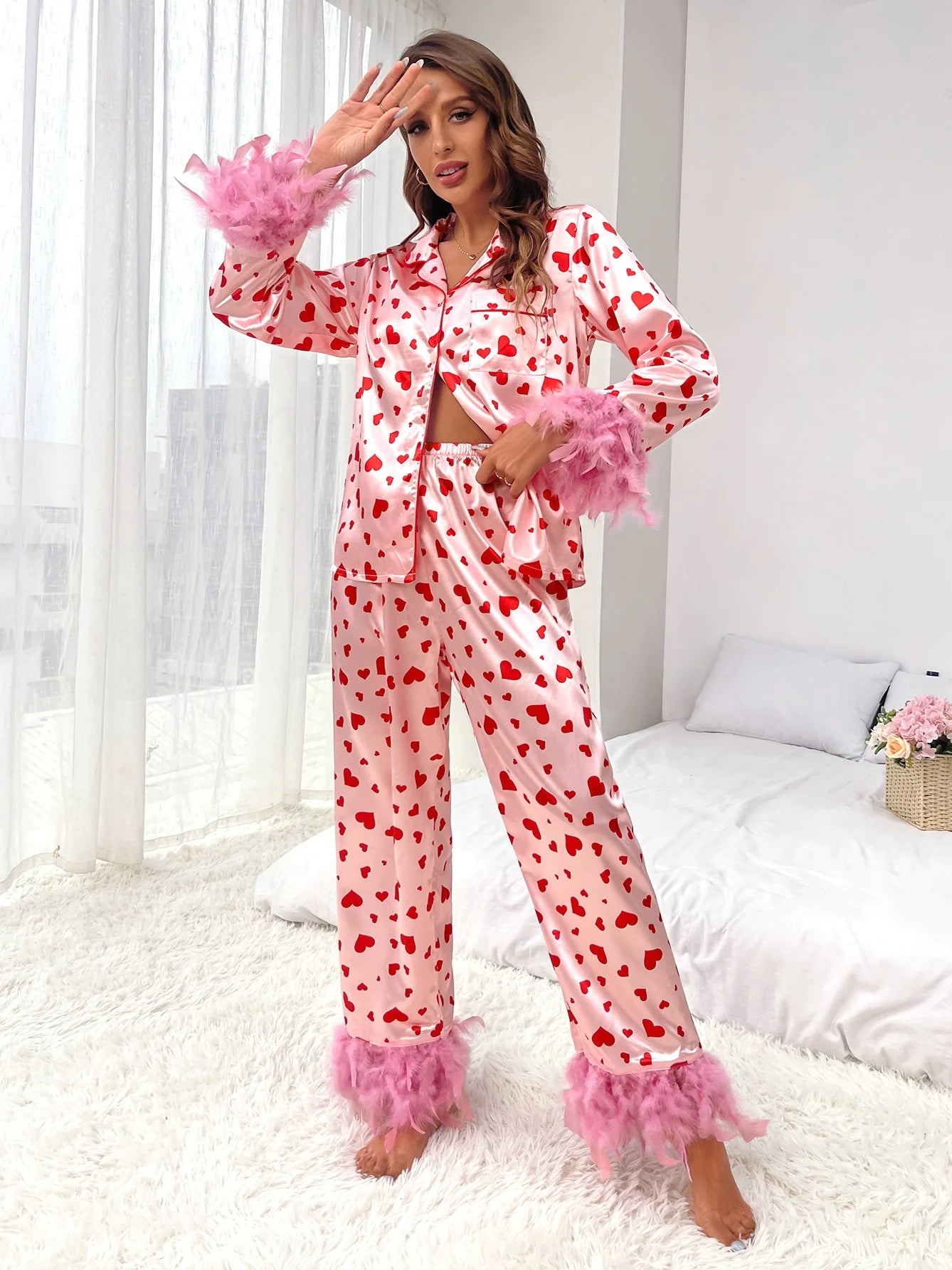 Women Loving Heart Printed Casual Suit Pajama set