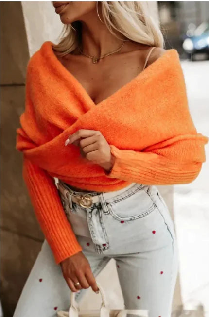 V-Neck Crossover Off-Shoulder Sweater - Multi-Color Trend