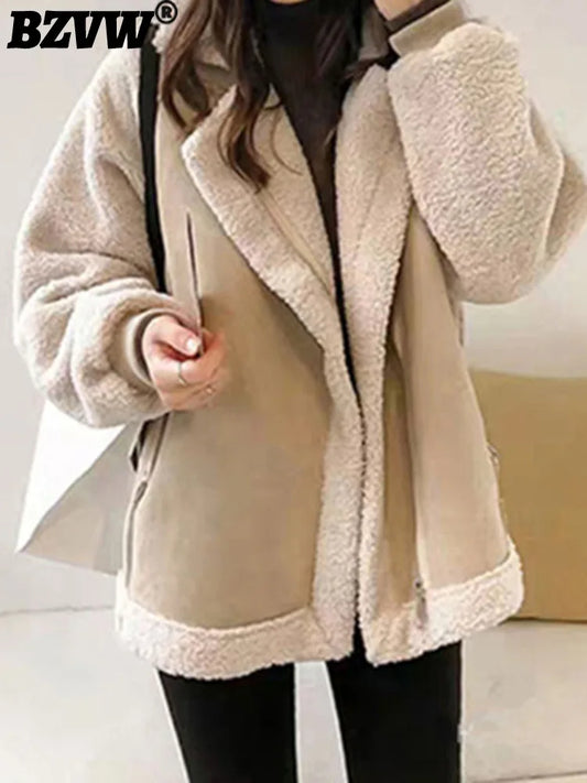 BZVW Fashion Lamb Wool Coat Womne's Lapel Zipper Pockets Design Contrast Color Casual Coats 2024 Winter New Clothing 25A8900