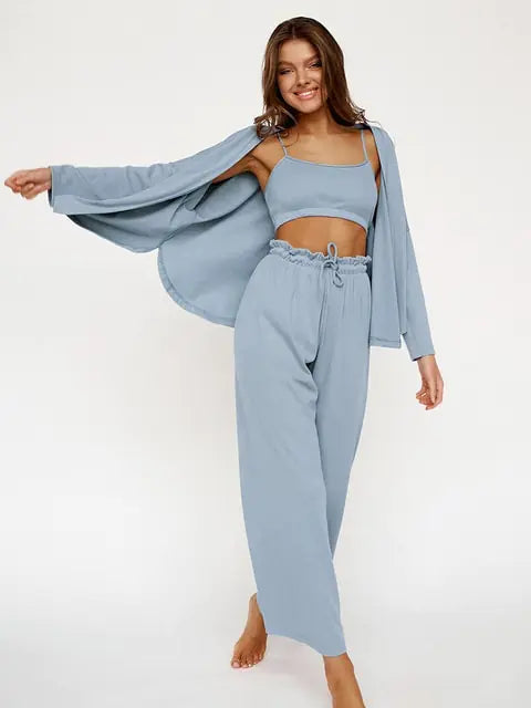 Ribbed Drop Sleeves Sleepwear Women 3-Piece-Set