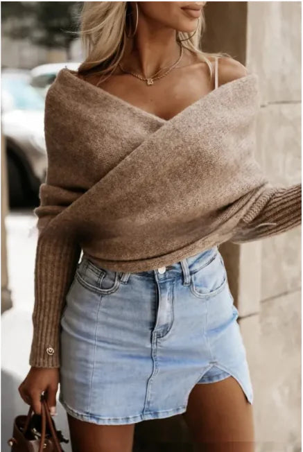 V-Neck Crossover Off-Shoulder Sweater - Multi-Color Trend