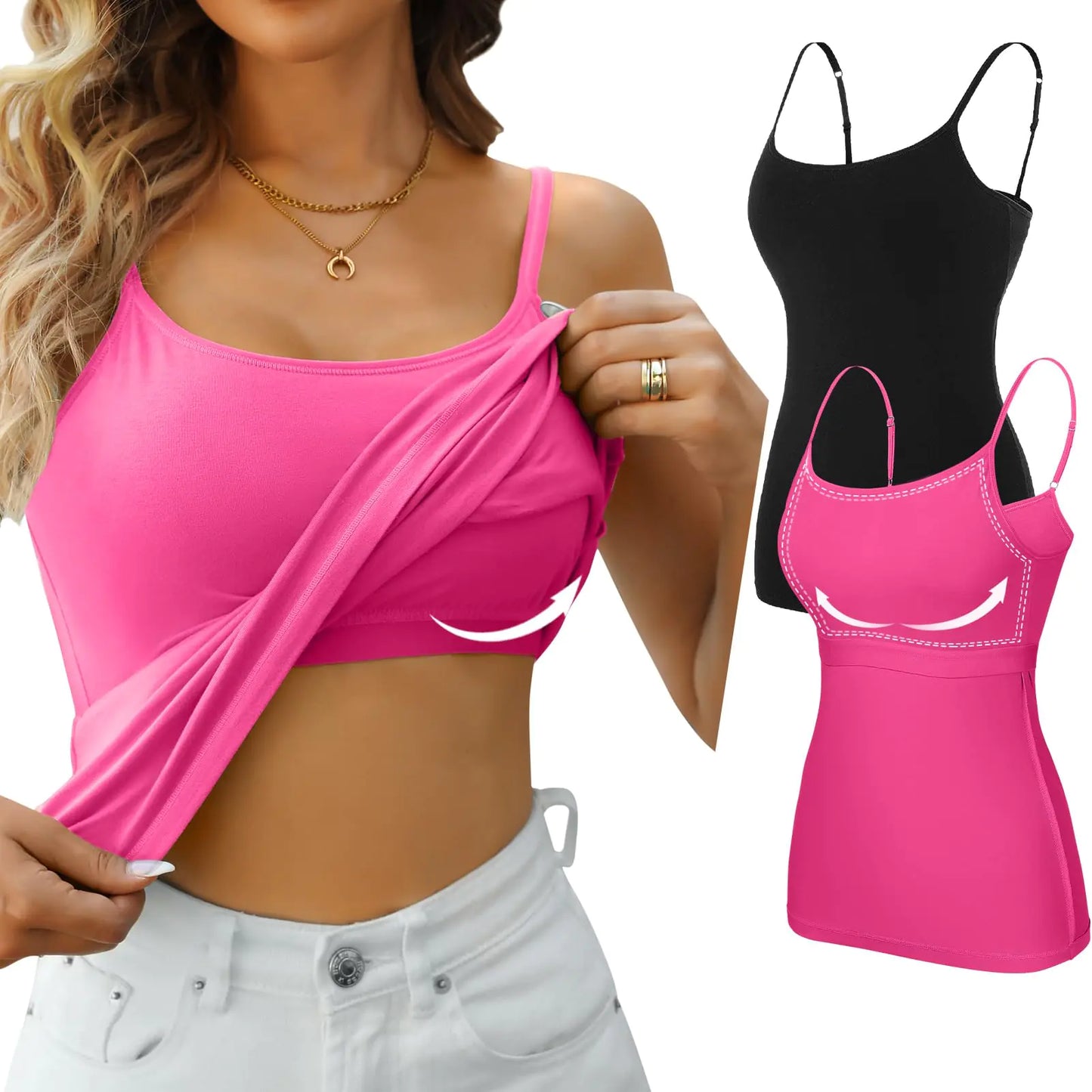 V FOR CITY Cotton Layering Camisole Tops with Built-in Bra - 2 Pack