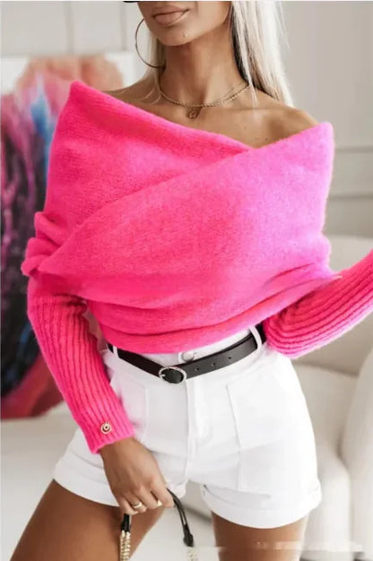 V-Neck Crossover Off-Shoulder Sweater - Multi-Color Trend