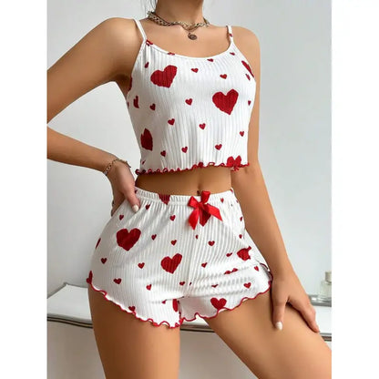 Heart Print Suspender Pajama Shorts Set