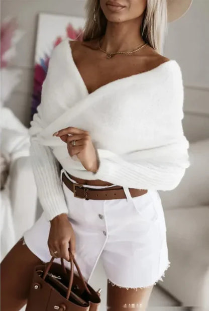 V-Neck Crossover Off-Shoulder Sweater - Multi-Color Trend