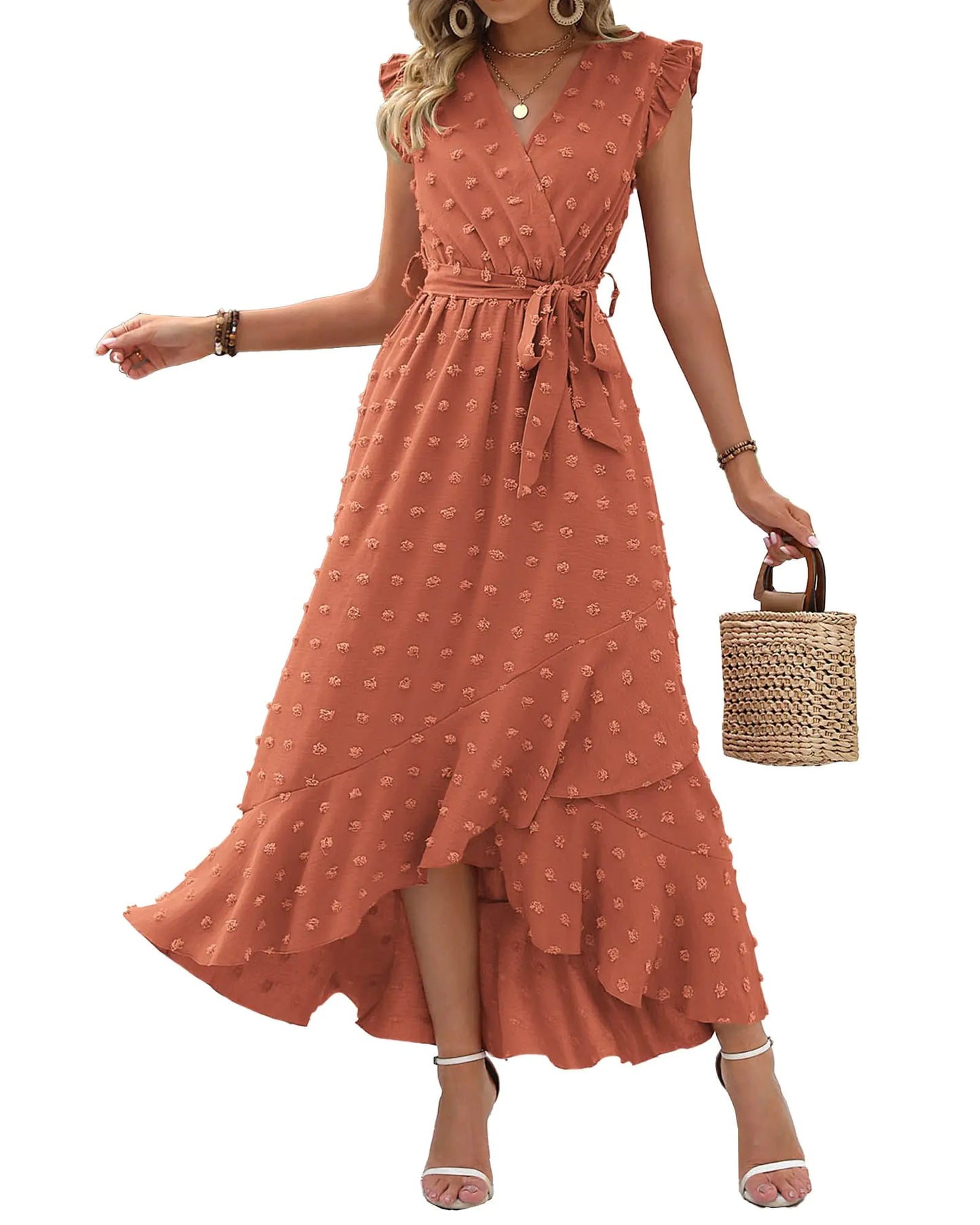 BTFBM 2024 Women's Summer V-Neck Swiss Dot Maxi Dress