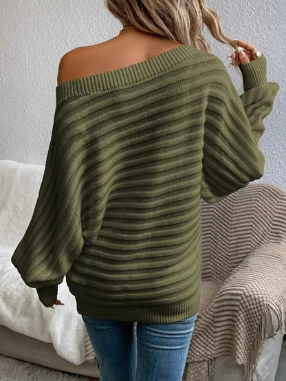 Boat Neck Batwing Sleeve Textured Knit Sweater