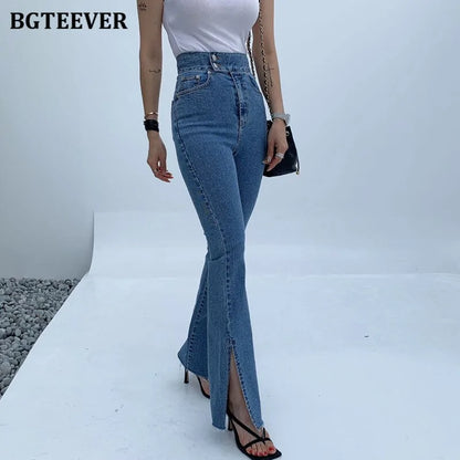 Fashion Women Double Button Flare Jeans