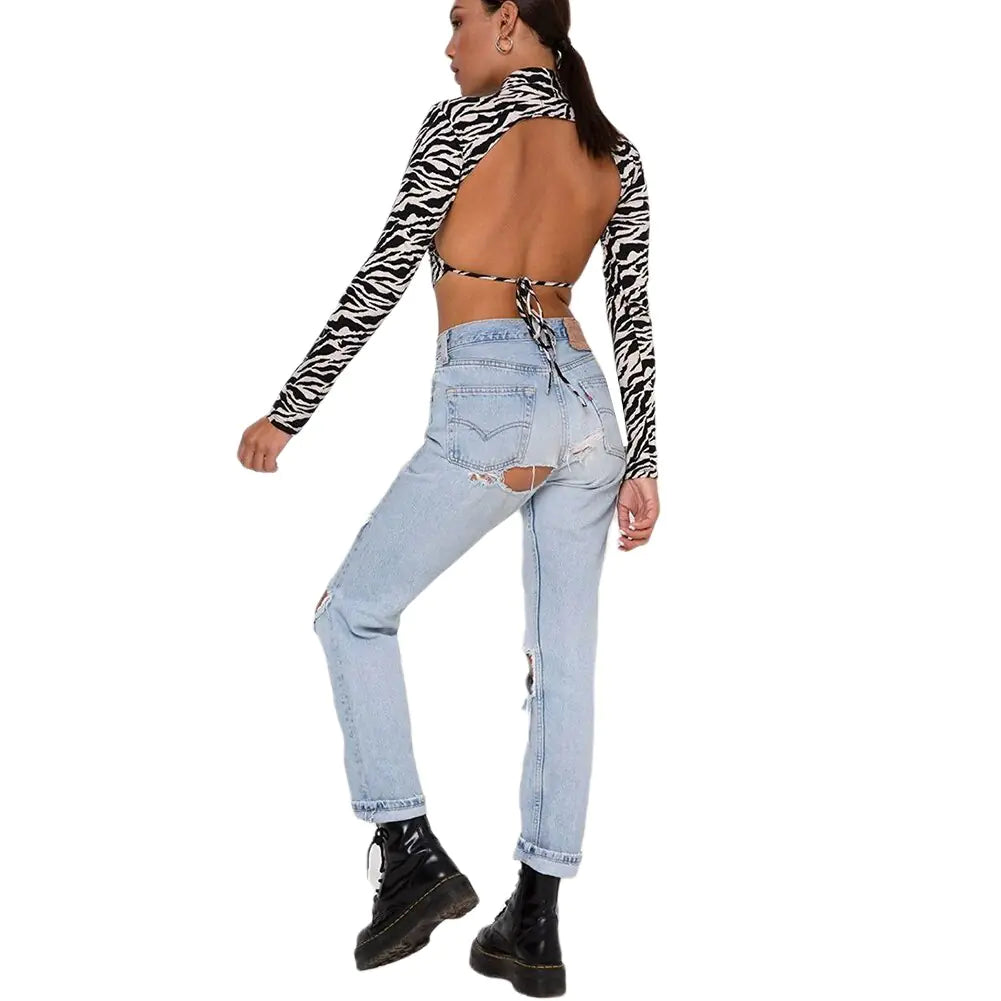 Printed Women Sexy Backless Crop Top