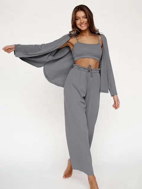 Ribbed Drop Sleeves Sleepwear Women 3-Piece-Set