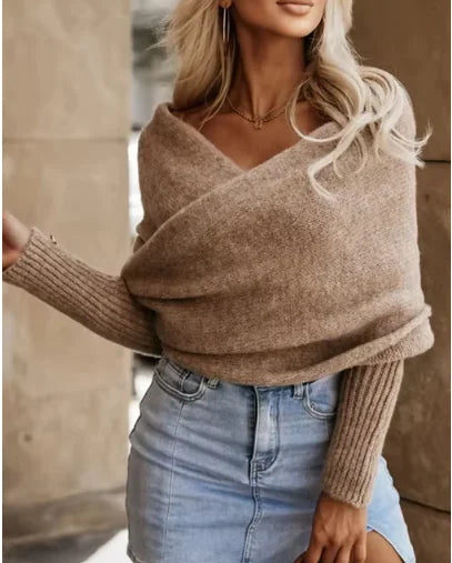 V-Neck Crossover Off-Shoulder Sweater - Multi-Color Trend