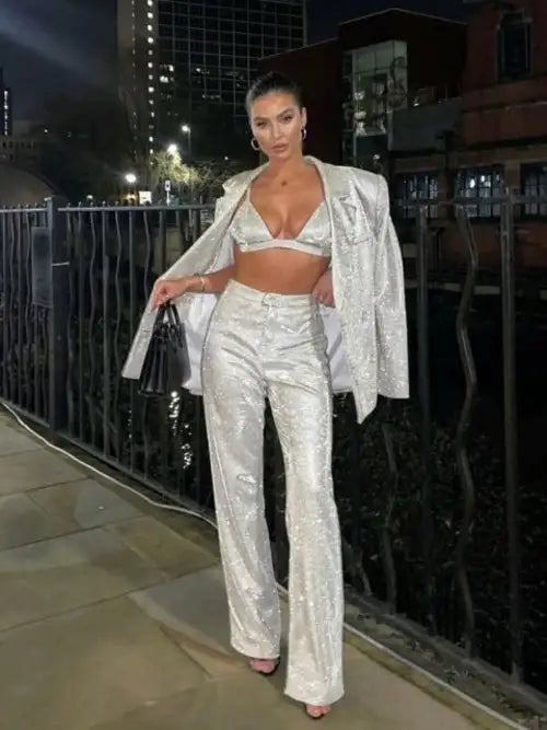 Tossy Glitter Silver Party Three Piece Pants Set Women Club Night